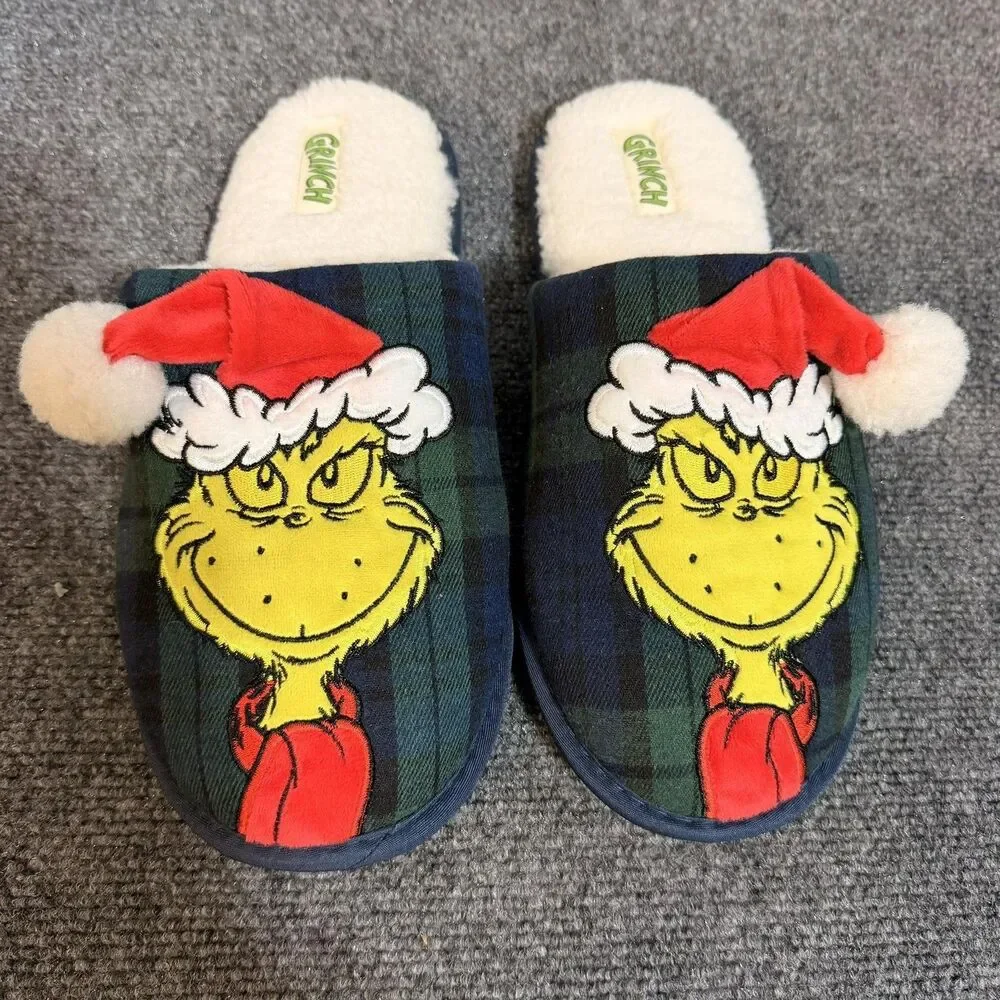 Grinch Slippers Mens Size 10 Blue Plaid Christmas Mule Faux Fur Santa Dr Seuss